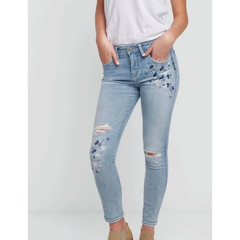 Silver Jeans Izzy Ankle Skinny Distressed Floral Embroidered Jeans Women W30 L27